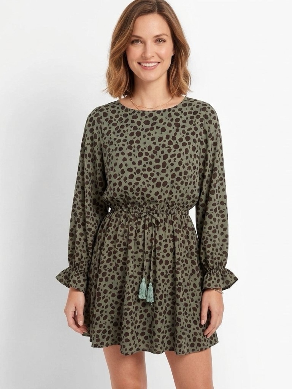 Main Strip Olive Green Brown Leopard Dress Sz M comfortable lightweight stretchy
